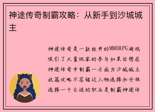 神途传奇制霸攻略：从新手到沙城城主